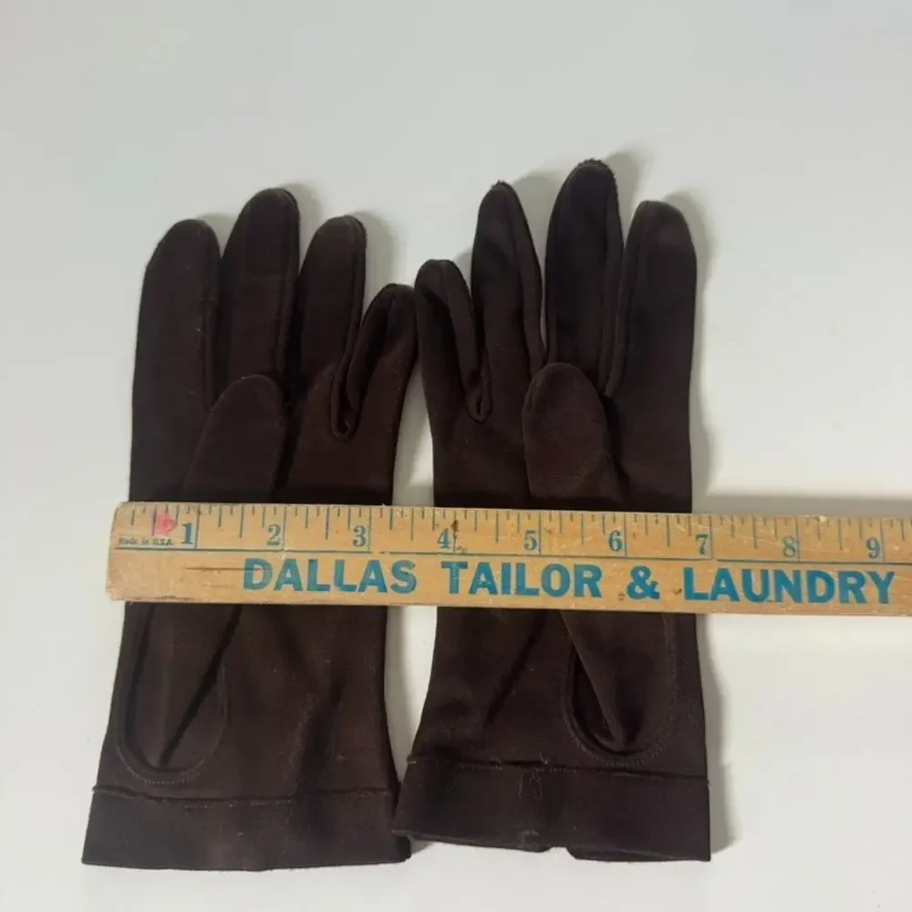 Vintage Brown Dress Gloves Double Woven Fabric with Button Women Size Small